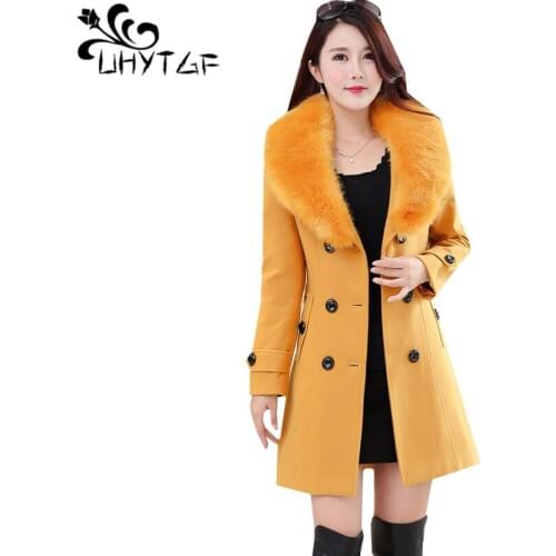 UHYTGF M-5XL Plus size Wool Coat Women New Fashion Fur collar Double-breasted Slim Warm Outerwear Long sleeve Woolen Jacket 851