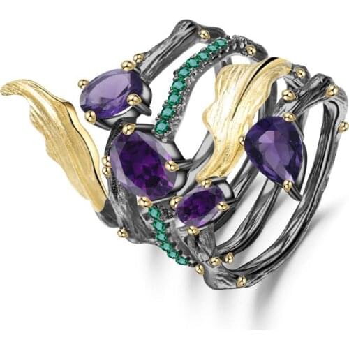 Vintage exquisite S925 bicolor leaf feather oval geometric jewelry ladies engagement wedding gift ring