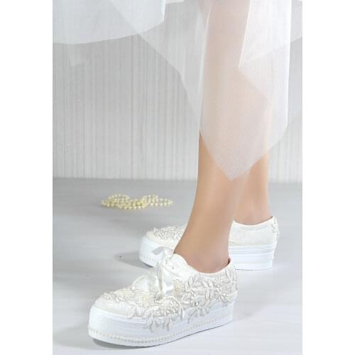Julia Ladies Bridal Women Pearl Lace Luxury Silvery Handmade Fashion Platform High Heel White Wedding Shoes