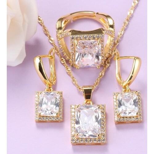 Yellow-Gold Color Jewelry Sets For African Women Wedding Costume White Cubic Zirconia Earrings And Rings Necklace Sets