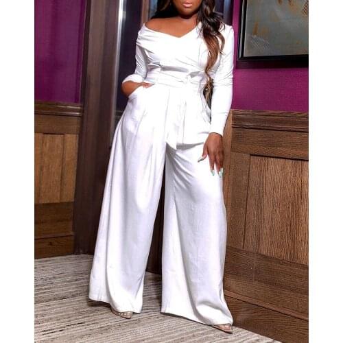 RMSFE 2021 Womens White Shirt Long Sleeve Solid V-Neck Cotton Wide Leg Pants Lace Up Temperament Commuter Two Piece Set