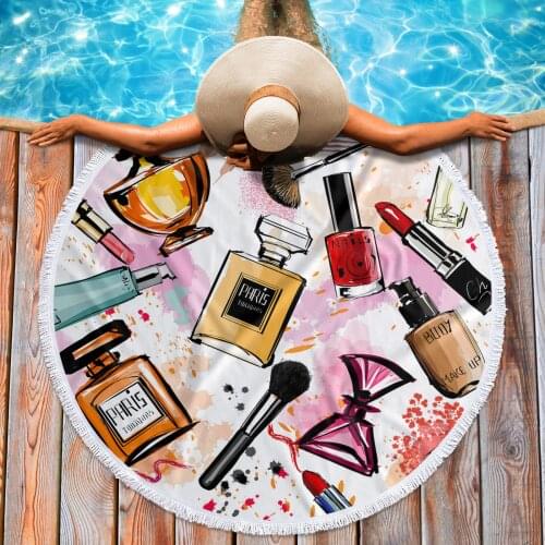 Female Cosmetics Perfume Lipstick Bow Comb Pink Beach Towel Tropical Round Beach Towels for Adult Kids Bath Towel Yoga Mat