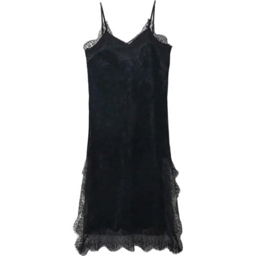 Bella Philosophy Women Sexy Lace Patchwork Spaghetti Strap Velvet Dress V Neck Club Dress