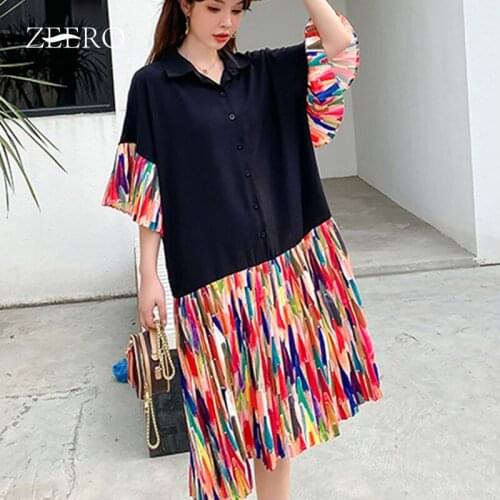 Summer Casual Striped Patchwork Single-breasted Flared Sleeves Dresses for Women Korean Oversize Dress Plus Size Vestidos Mujer