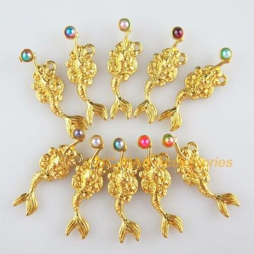 10 New Animal Charms Mixed Acrylic Mermaid Pendants Gold Color 10x32.5mm
