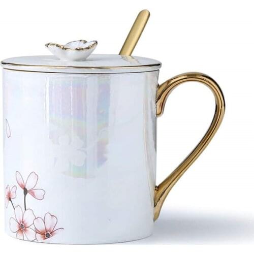14.5 oz Cherry Blossom Porcelain Coffee Mug Pearl Glaze Ceramic Milk Cup with Lids Spoon Ins Style Gifts for Friends