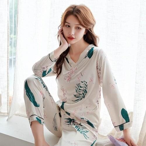 2020 Autumn Long Sleeve Silk Satin Pajama Sets for Women Korean V-neck Sleepwear Suit Pyjamas Homewear Pijama Mujer Home Clothes