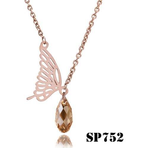 Free shipping lierzika stainless steel new model yellow color stone butterfly hollow necklace