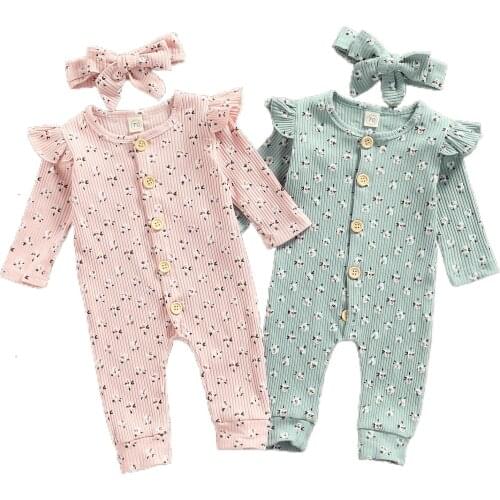 Baby Girls Romper Casual Long Sleeve Romper Toddler Kid Fashion Printing Single-Breasted Round Neck Jumpsuit Childrens Clothing