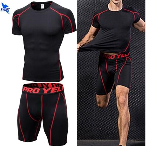 Summer Compression Mens Running Sets Quick Dry Gym Fitness Training Tracksuit Short Set Jogging Sport Suit Sportswear Jerseys