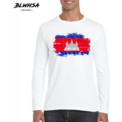 BLWHSA Brand Man Fashion Cambodia Flag T Shirts Mens Long Sleeve Cotton O-neck Tee Shirts Men Clothing White Casual T-shirts