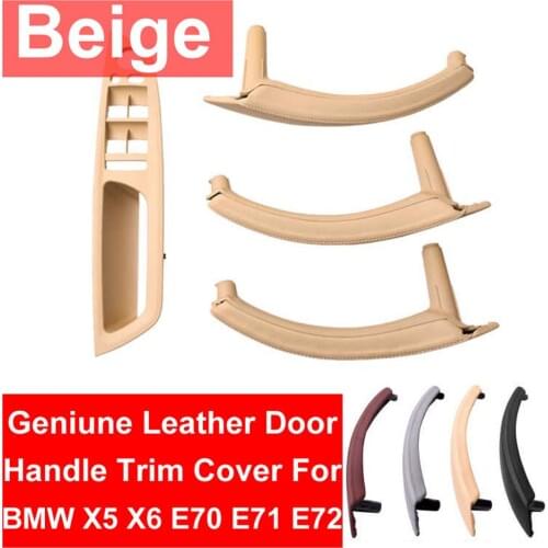 Beige Genuine Leather Car Front Rear / Left Right Interior Door Handle Inner Panel Pull Trim Cover For BMW E70 E71 X5 X6 07-13
