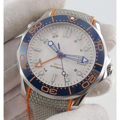 NEW 41mm White Sterile Dial Self Winding Automatic GMT Movement Sapphire Glass Rubber Strap Date Window Mens Watch