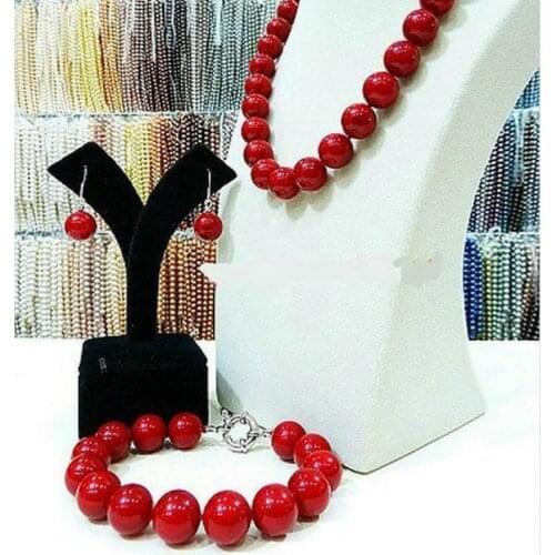 NEW Real natural 12MM red coral necklace 18 "bracelet 7.5" earrings A