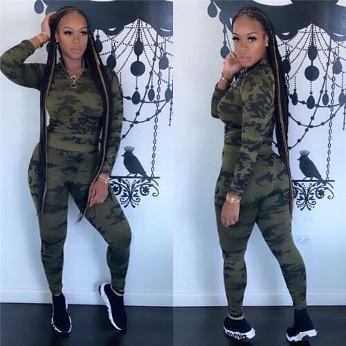 New High Elastic Women Two Piece Set Camouflage Suit Long Sleeve Casual Tracksuit Jogger Set Top and Pants Wholesale Dropshpping
