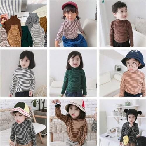 2-7 Years Baby Kids T-shirt Korean Thicken Stripe Turtleneck Shirt For Boys Girls Unisex Childs Tops Autumn Winter Hot Sale