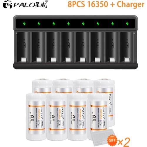 PALO 16350 Batteries Rechargeable Battery 3.7V 800mAh with 16340 16350 16360 CR123 CR123A Battery Charger Universal Charger