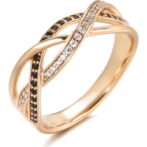 Luxury 18k Rose Gold Natural Black Diamond Ring Geometric Line Cross Wedding Diamond Rings for Women Vintage Fashion Jewelry