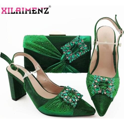 Green High Quality Woman Luxury Crystal Shoes And Purse Set For Party Italian Rhinestone High Heels Wedding Shoes And Bag Set