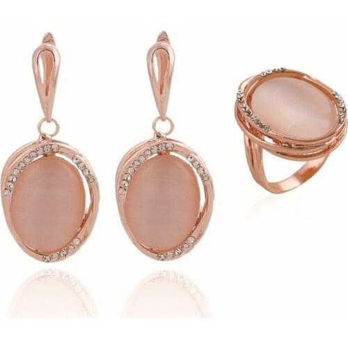 Light Yellow Gold Color Oval Shape Cat Eye Stone Earrings Finger Ring with Rhinestone Fashion Jewelry Sets