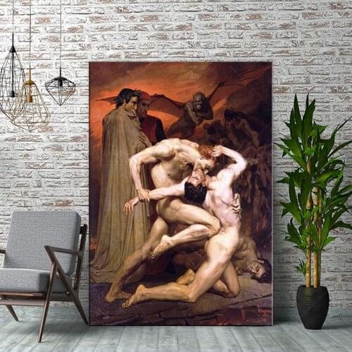 William Adolphe Old Famous Master Artist Dante and Virgil in Hell Canvas Painting Poster and Print for Room Decor Wall Art