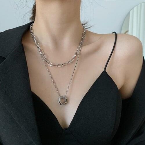Hip Pop Vintage Multi Layered Necklace For Women Personality Silver Color Round Circle Pendant Clavicle Chain Necklaces Jewelry