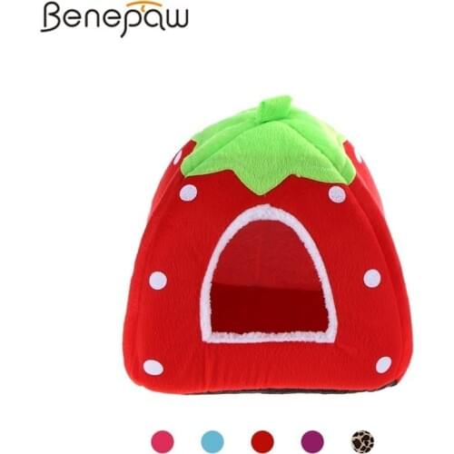 Benepaw Foldable Strawberry Dog House Bed All-season Bite Resistant Soft Pet Cat Puppy House 5 Colors Cozy Removable Dog Kennel