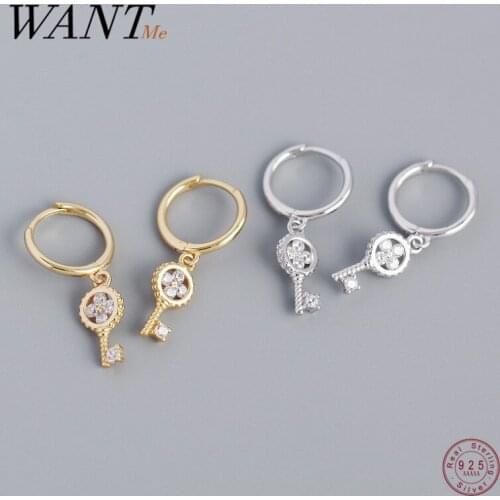 WANTME 925 Sterling Silver Punk Simple Key Piercing Tassel White Zircon Buckle Earrings for Women Unique Goth Party Hoop Jewelry