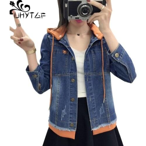 UHYTGF Casual womens basic coat fashion hooded Fake two spring autumn denim jacket Student baseball uniform thin short coat 747