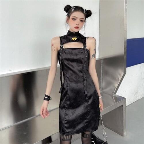 Adjustable Strap Girl Mini Dresses Stand Neck Black Gothic Lady Hollow Empire Dress Sleeveless Floral Chinese Style Cheongsam