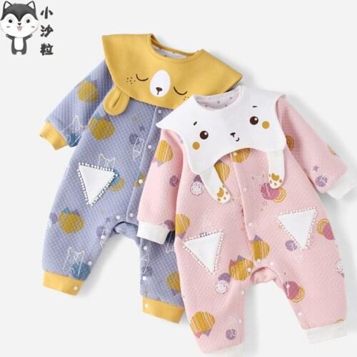 2021 spring and autumn male and female baby climbing suit onesie warm drool towel removable