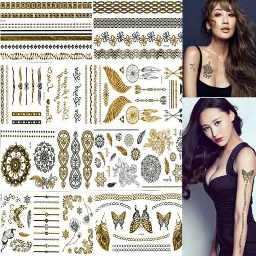 8Pcs Gold Temporary Tattoo Transfer Sleeve Women Beauty Body Girl Arm Art Rose Butterfly Elephant Glitter Waterproof DIY Sticker
