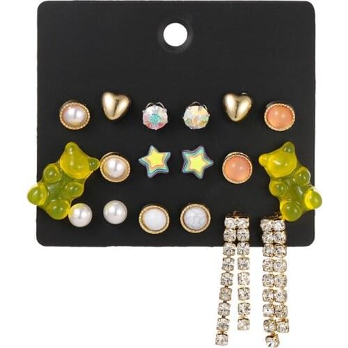 9Pairs Simple Design Simulation Pearl Earring Set Summer Trendy Bear Shaped Stud Earrings For Kids Child Jewelry