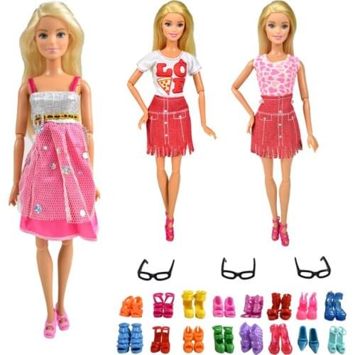 9 Item/Set Doll Accessories=3 Pcs Doll Pink Style Dress+ 3 Pcs Glasses + Random 3 Pairs Shoes for Doll Accessories Girl Toys