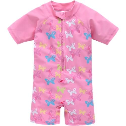 2020 Kids Girls Boys Swimsuits Short Sleeve Zipper Design Cute Printed Swimwear Beach Bath Clothing Rash Guards