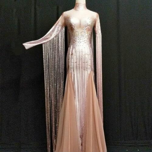 Women Sexy Stage Tassel Pink Long Dress Sparkling Rhinestone Women Costume Nightclub Party Singer Dancer Performance Stage Wear