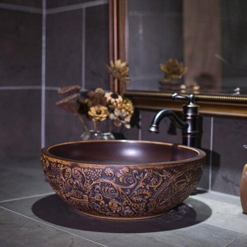 Brown Europe Style China Artistic Handmade Flower Shape Counter top Ceramic Bathroom Vessel Sink hand wash basin