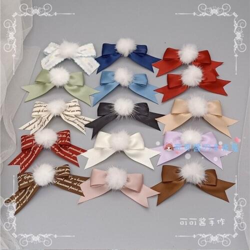 Japanese soft sister girl heart bow plush hairpin Hair Clip plush ball loli double ponytail lolita hair accessories