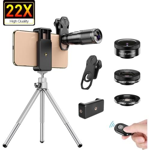 APEXEL 4in1 New HD Phone Camera Lens Kit Telephoto Zoom Monocular Telescope 22X Lens Macro Wide Fisheye Lens With Remote Tripod