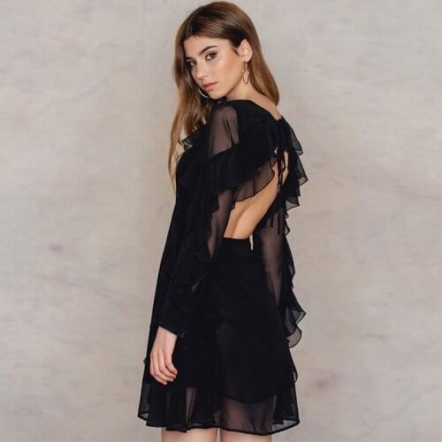 Girls' Nightclub Perspective Open Back Lace Ruffle Black Chiffon Dress