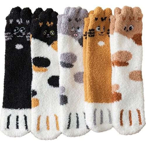 Fuzzy Socks For Women Teen Girls With Grippers Long Cute Cartoon Animal Cat Paw Plush Coral Fleece Kawaii Warm Slippers Socks