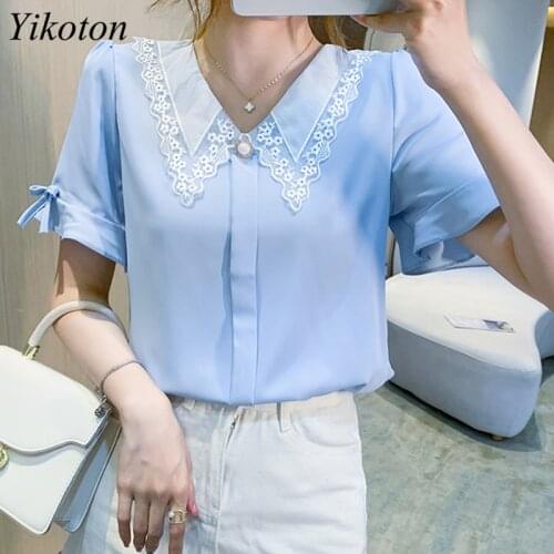 Shirt Casual New 2021 Summer Women Blouse Chiffon White Shirts Peter Pan Collar Fashion Button Plus Size Bow Blue Blouses Tops
