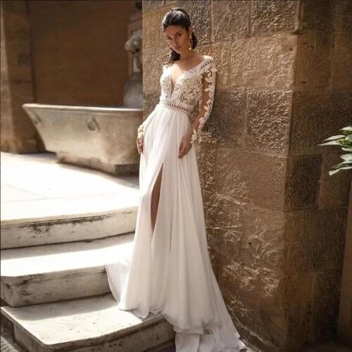 Chiffon Long Sleeve Wedding Dresses 2021 Side Split V-Neck A-Line Elegant Bridal Gown For Women Sexy Open Back Custom Made