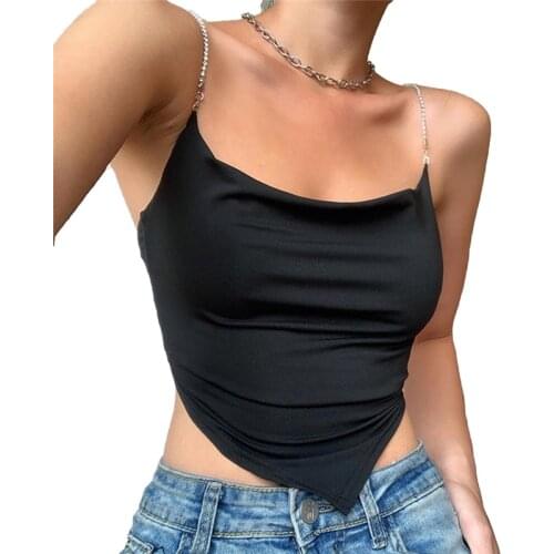 2020 Women Camisole Summer Fashion Sexy Backless Drill Chain Back Lace-Up Cropped Tank Top Solid Color Stylish Clubwear Sun-tops