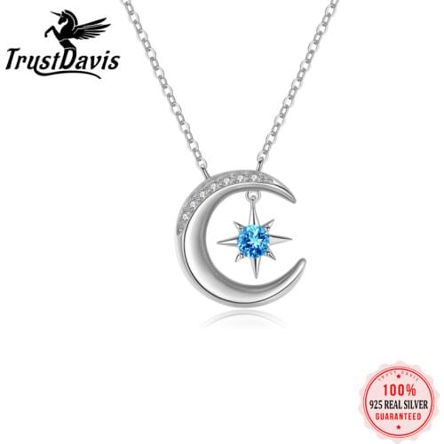 ElfoPlataSi Genuine 925 Sterling Silver Minimalist Moon Star Blue CZ Pendant Necklace For Women Wedding Birthday Jewelry DD588