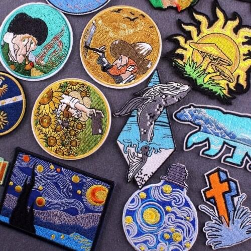 Willdness Iron On Patches DIY Van Gogh Embroidered Patches For Clothing Sticker Punk Skull Badge Stripe For Clothes Applique DIY