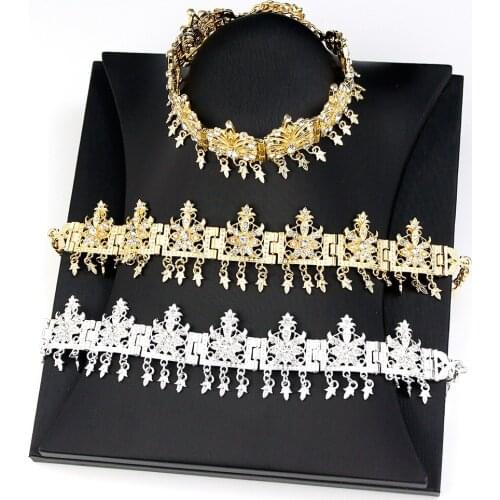 Sunspicems Traditional Algeria Women Headband Crystal Head Chain Flower Tassels Choker Ethnic Wedding Jewelry Gold Silver Color