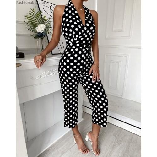 Women Polkadot Print Halter Rompers Sexy Sleeveless Backless Lace-up Calf-length Jumpsuits