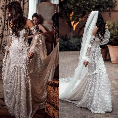 2020 Lace Bohemian Wedding Dresses Country Style Sweetheart Beads Mermaid vestido de novia with Removable Long Sleeves Brial Gow
