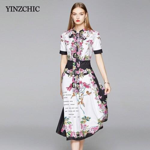 New Woman Floral A-line Dress Bow-neck Ladies Elegant Midi Larty Skirt Slim Printed Dress for Office Lady Party Dress Summer